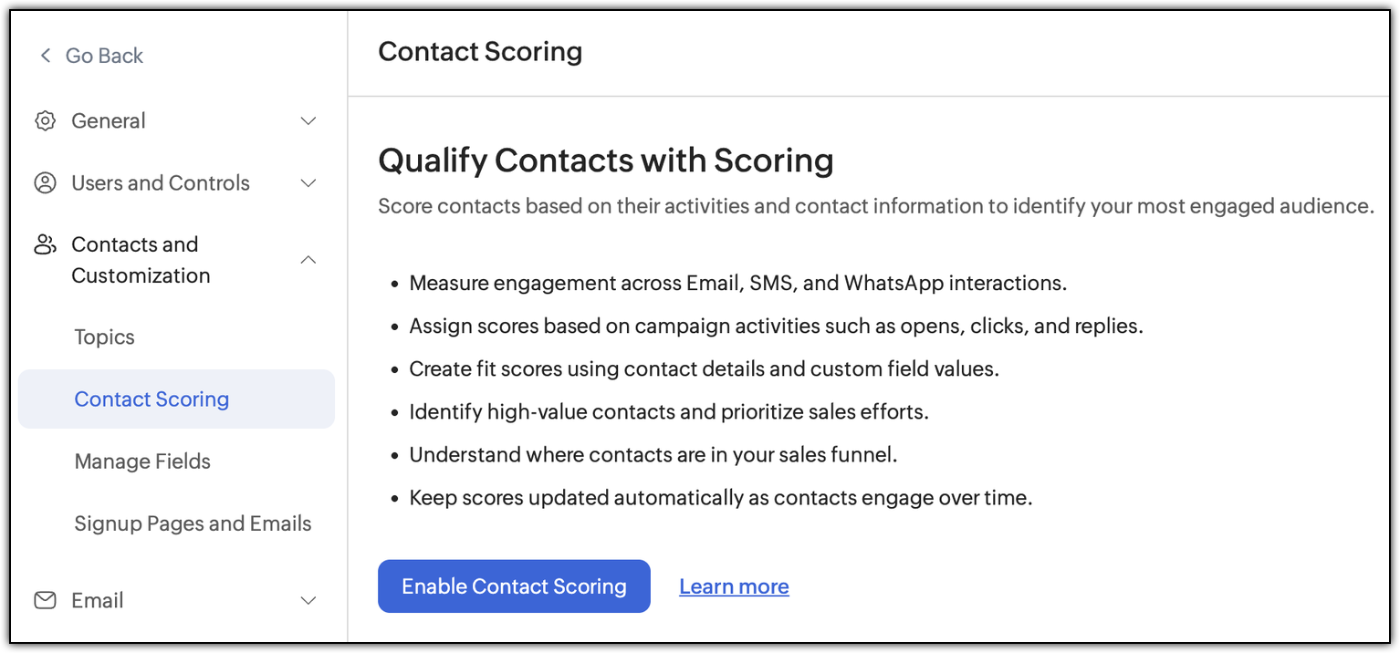 Enable Contact Scoring button is used for configuring contact scoring for the first time.