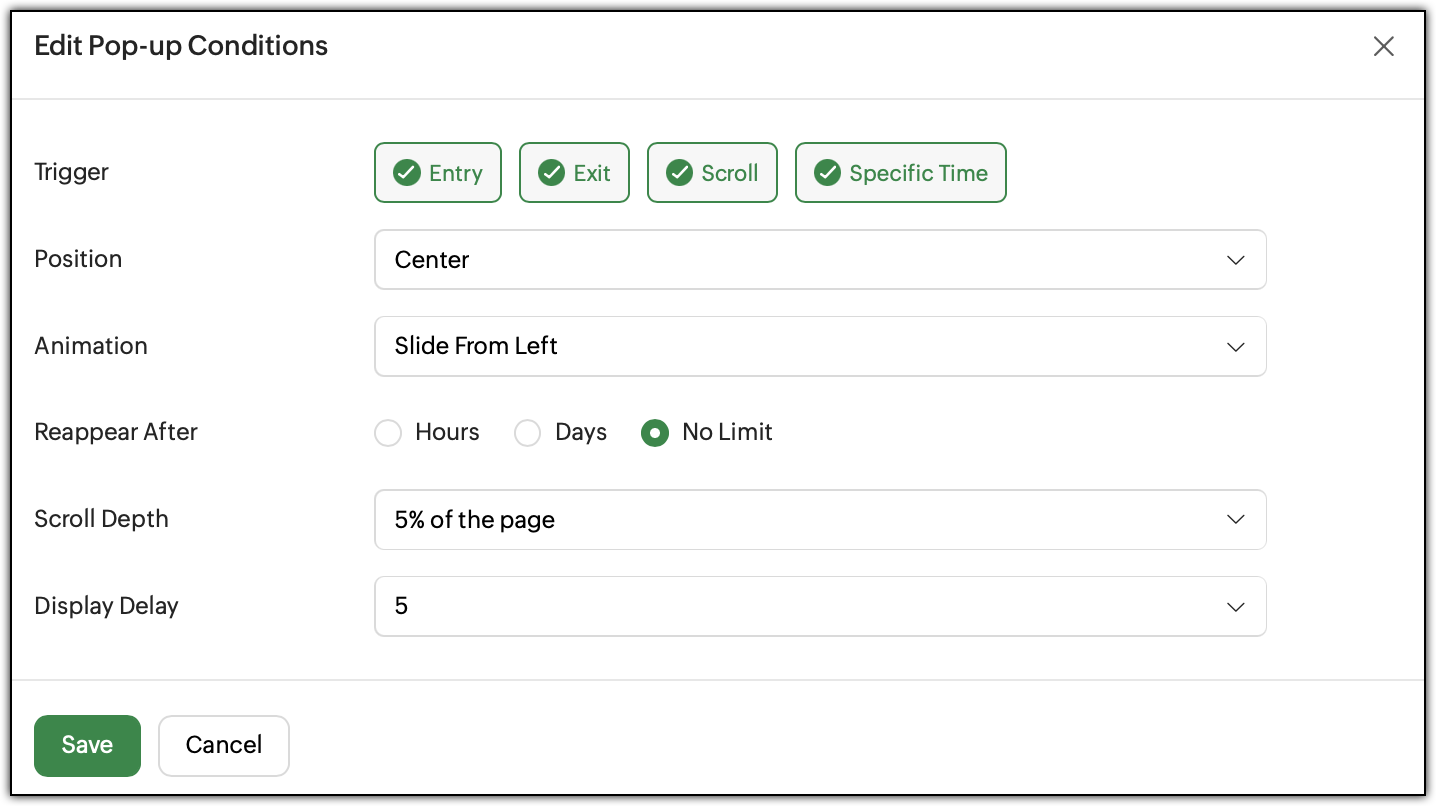 Displaying the list of options available for configuration of pop-up conditions.