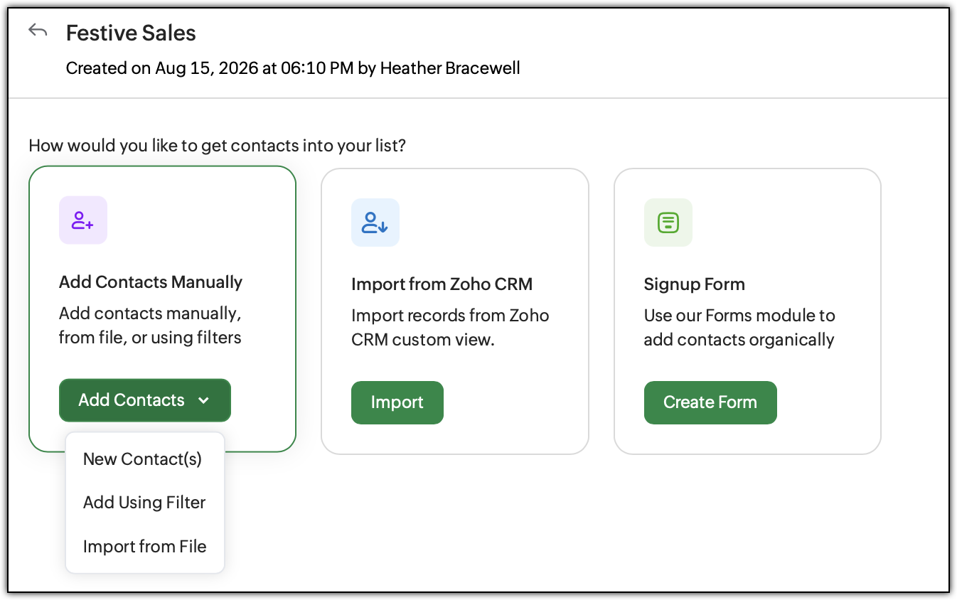 Multiple ways to add contacts to a list is shown.