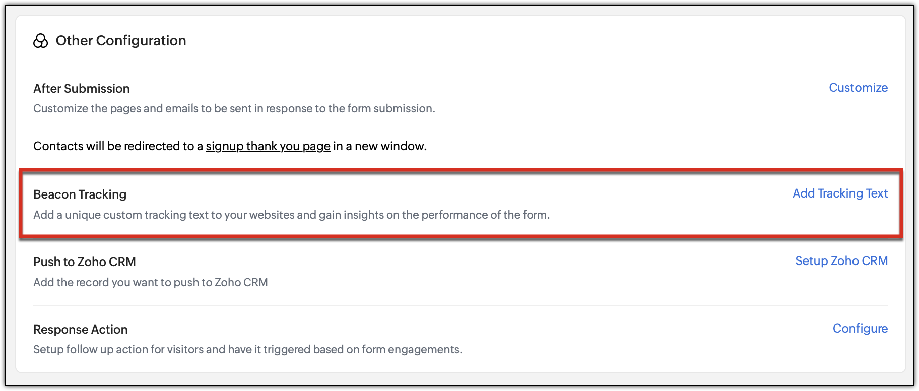 Highlighting the beacon tracking option for compact, banner, and long forms.