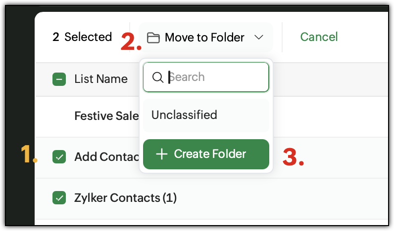 Numbering the steps for creating folder to move lists to it.
