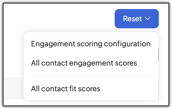Reset contact score option with the drop-down exposing three options.