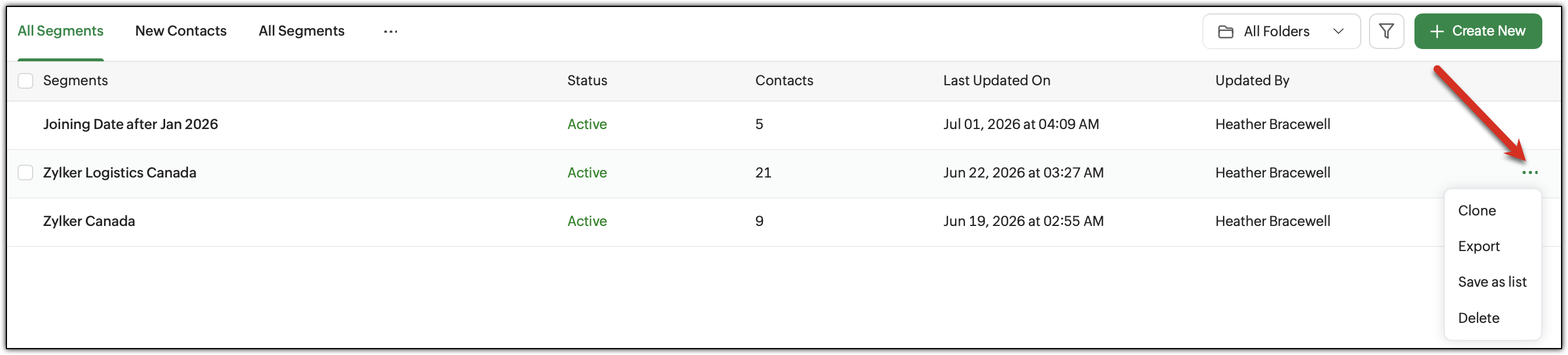 Pointing to the More Actions' button with the options exposed in the list view page of a segment.