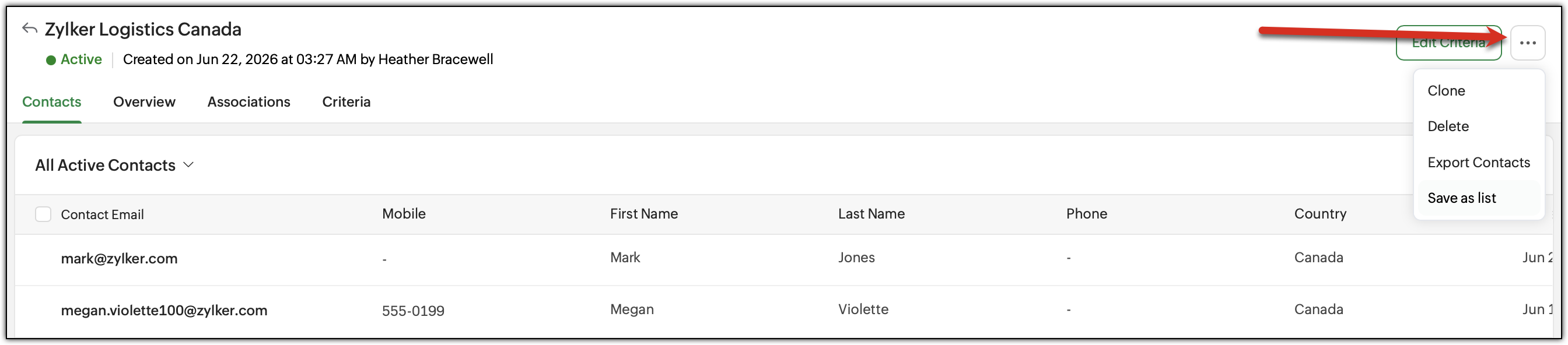 Pointing to the more actions button with the drop-down options exposed.