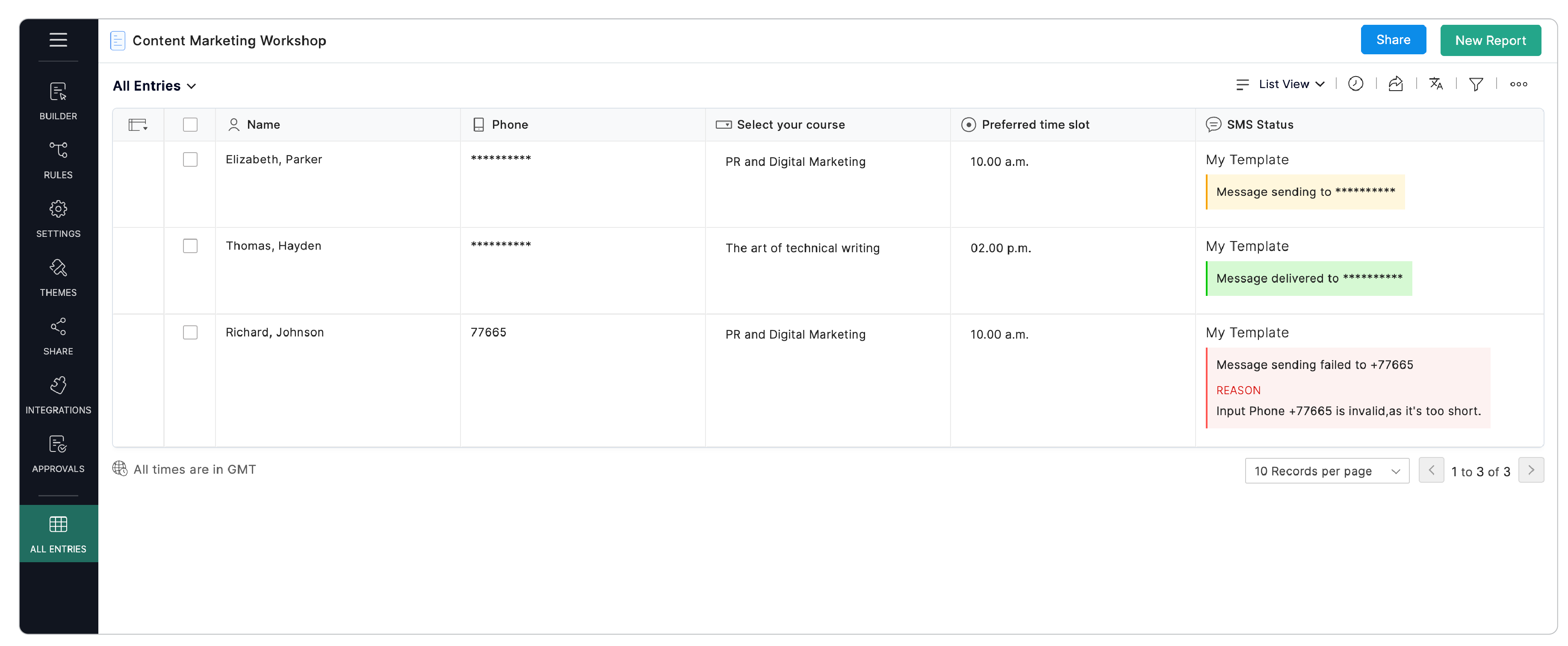 All Entries - SMS Status