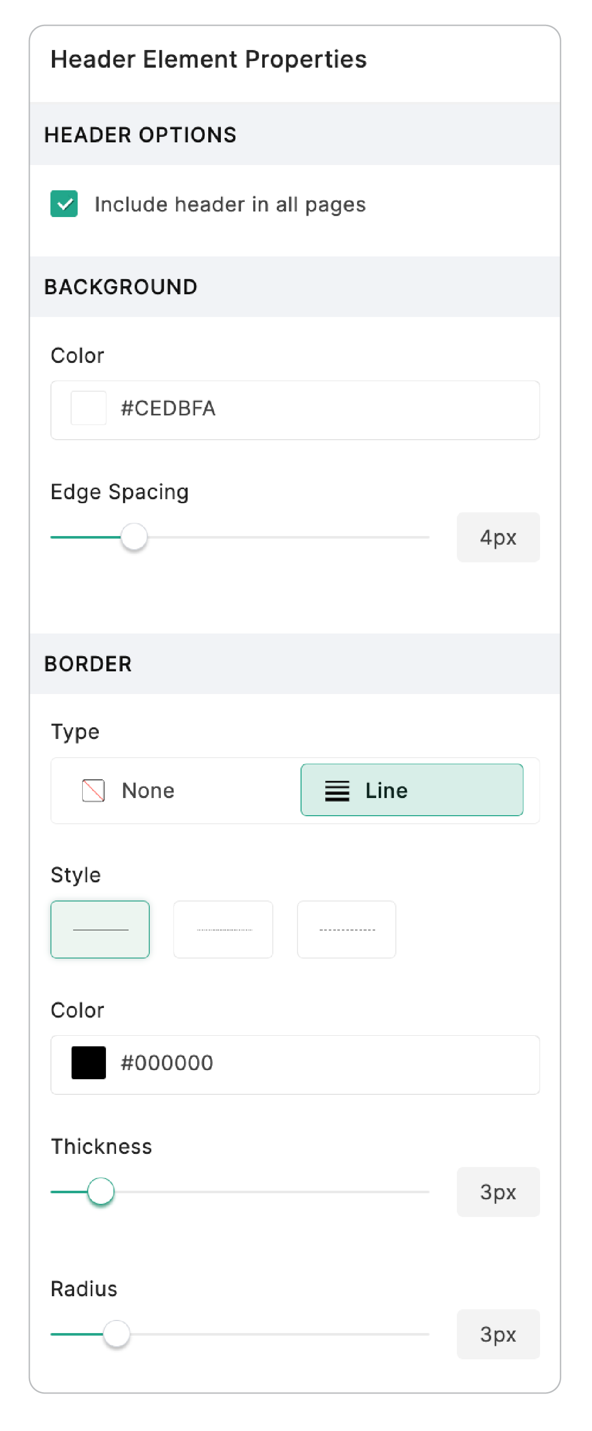 Header Element Properties