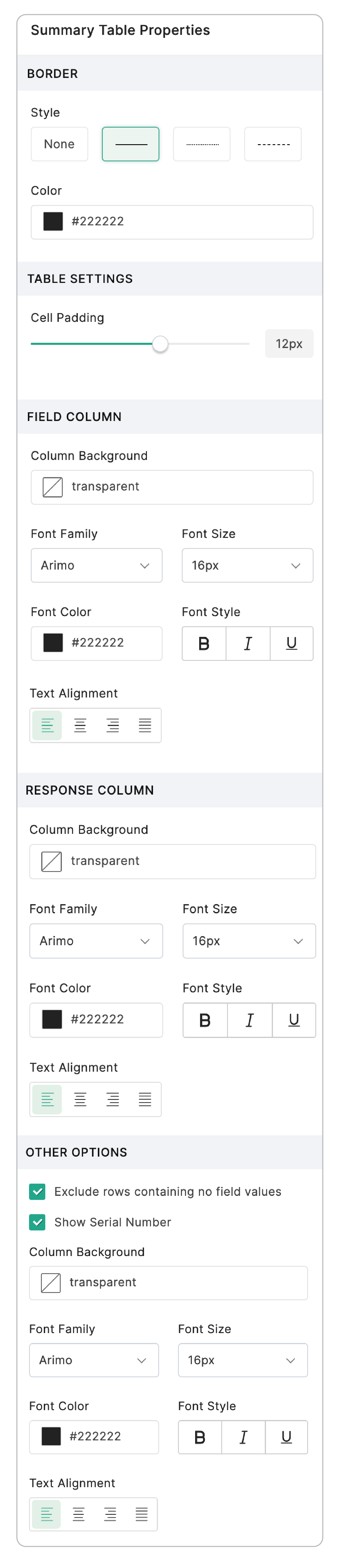 Summary Table Properties