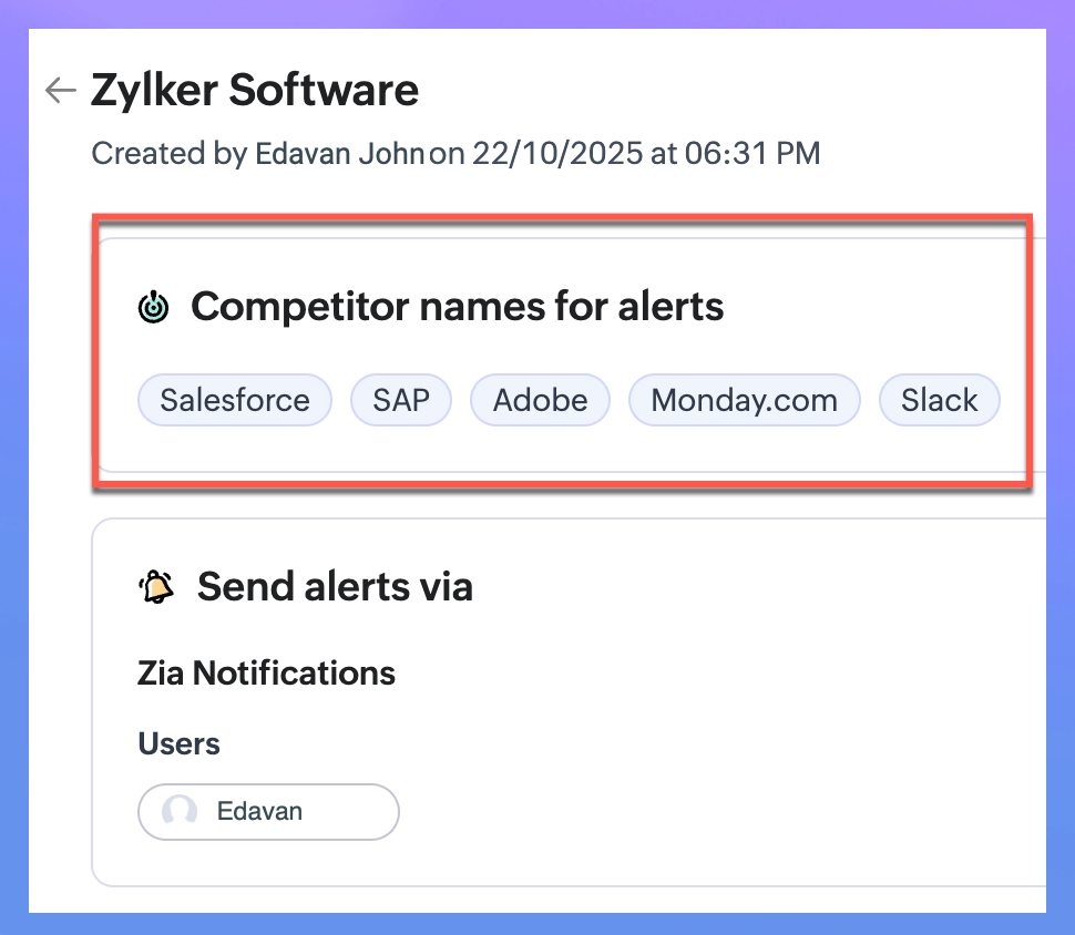 Zia Competitor Alerts made easy with Zia's suggestions