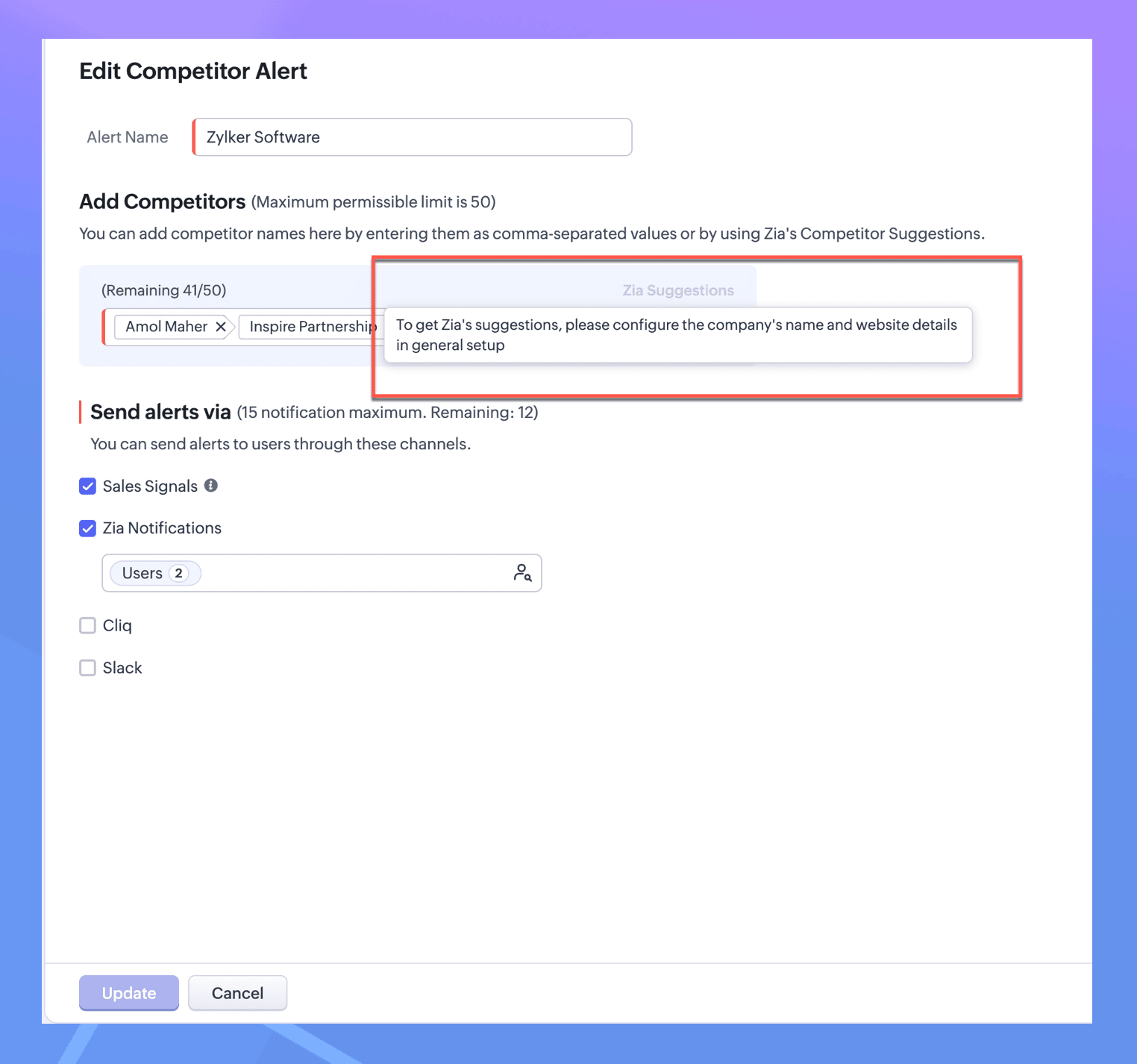 Zia Competitor Alerts made easy with Zia's suggestions