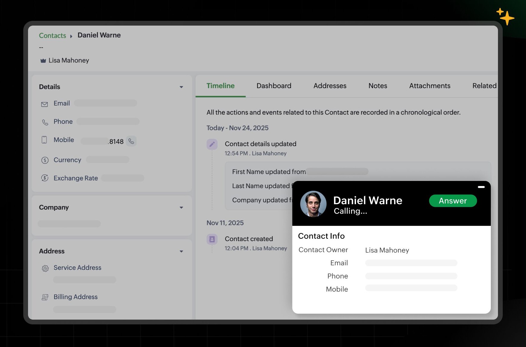 Incoming calls in Zoho FSM
