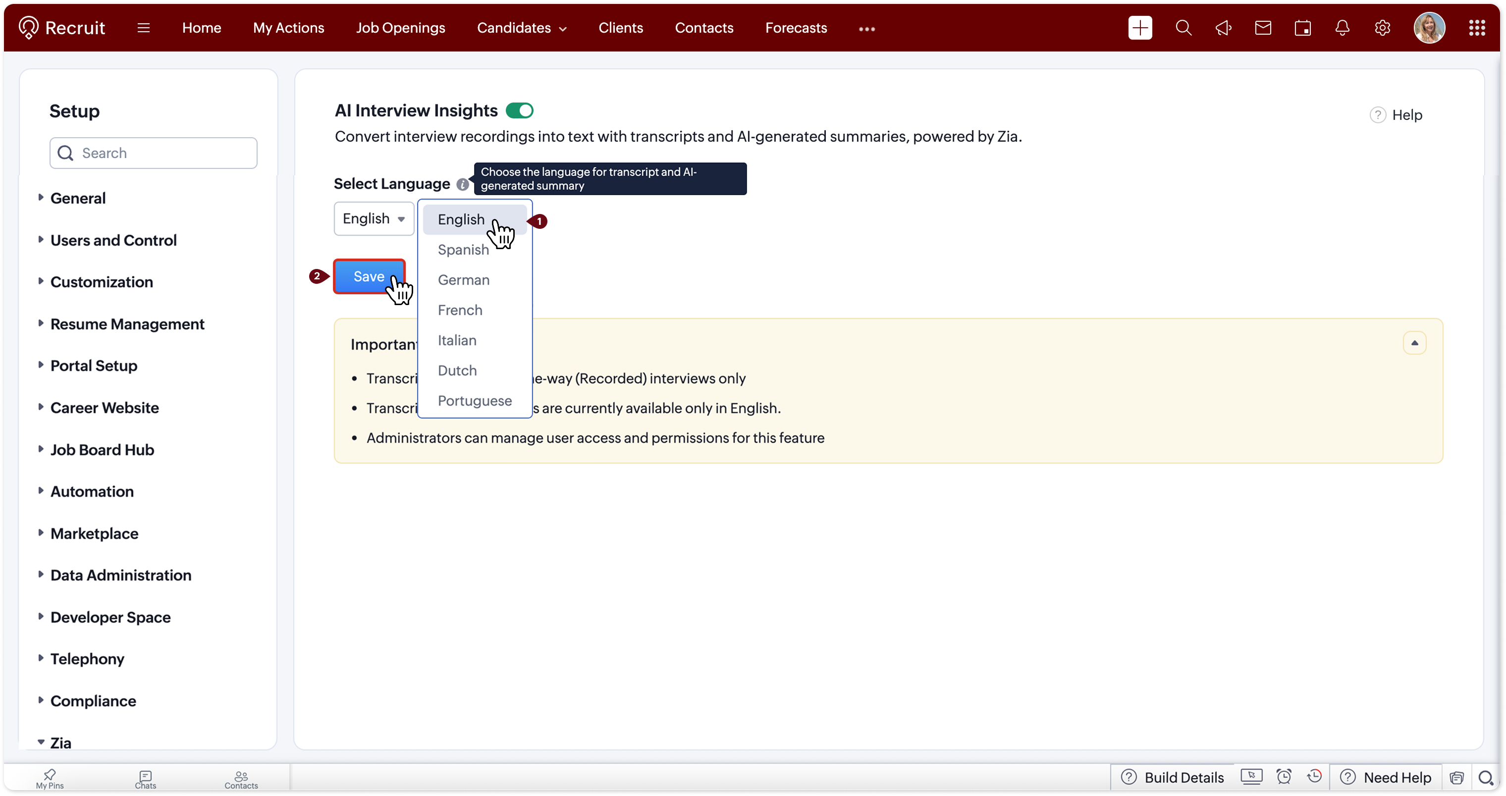 Configuration of AI Interview Insights in Zoho