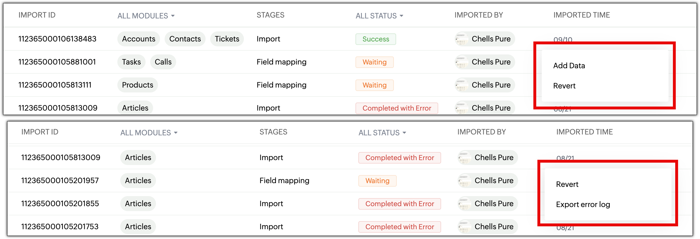 Revert imports in Zoho Desk