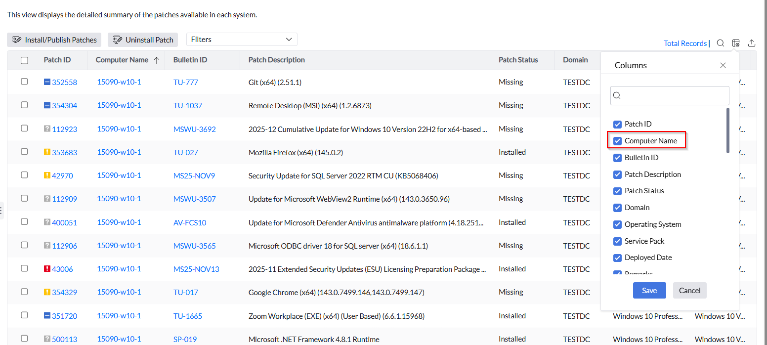 How can I report the missing patches on servers on a single screen?
