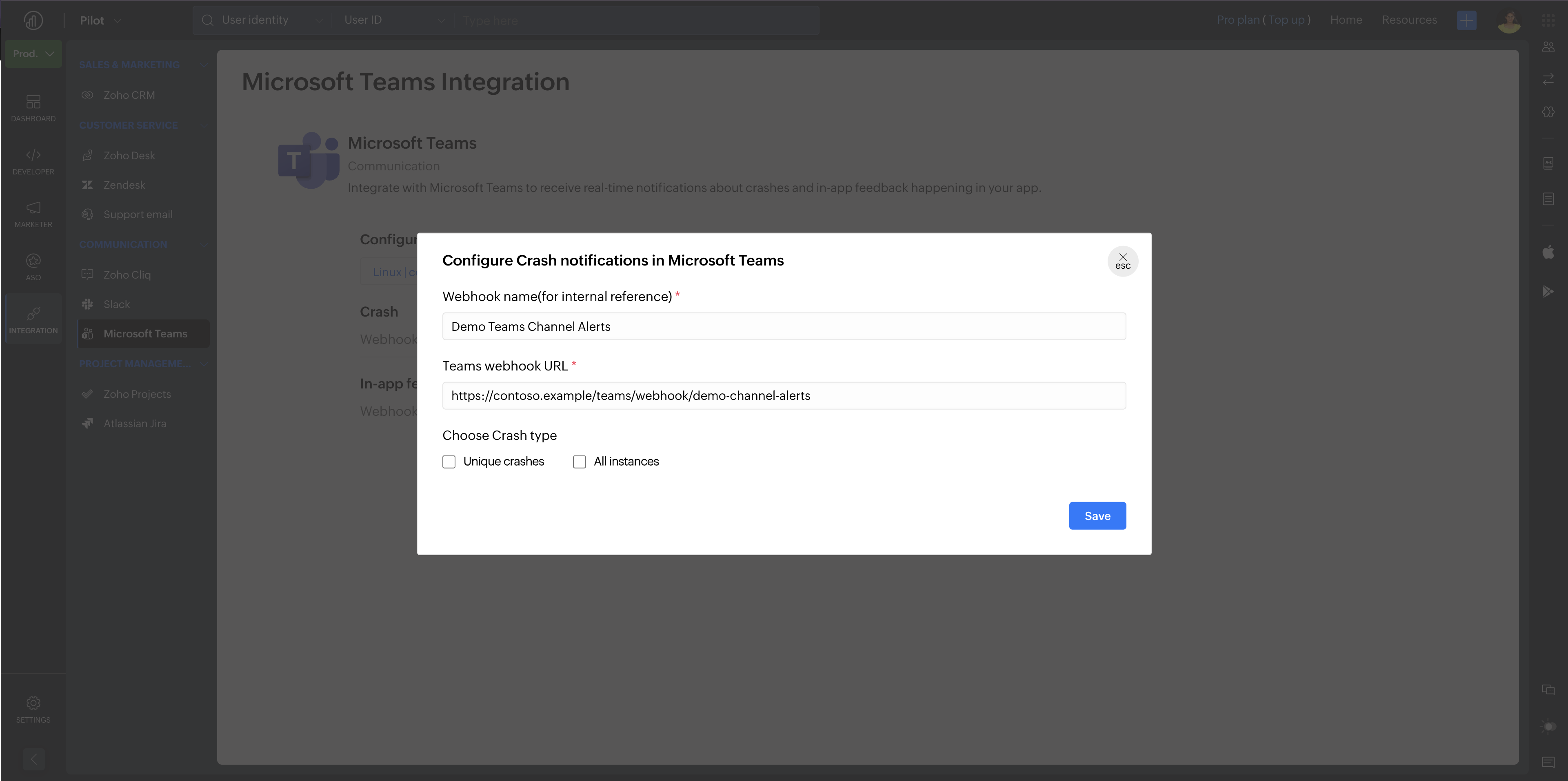 Microsoft Teams integration in Zoho Apptics