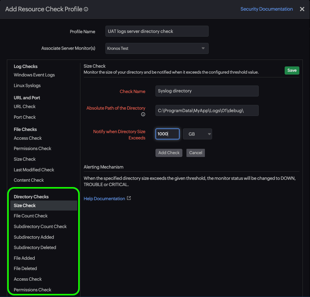 Page showing how to configure directory check
