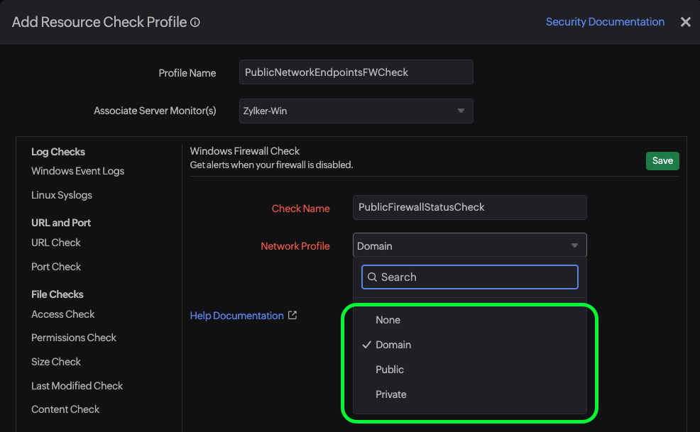 Screenshot of the page to configure server firewall alert