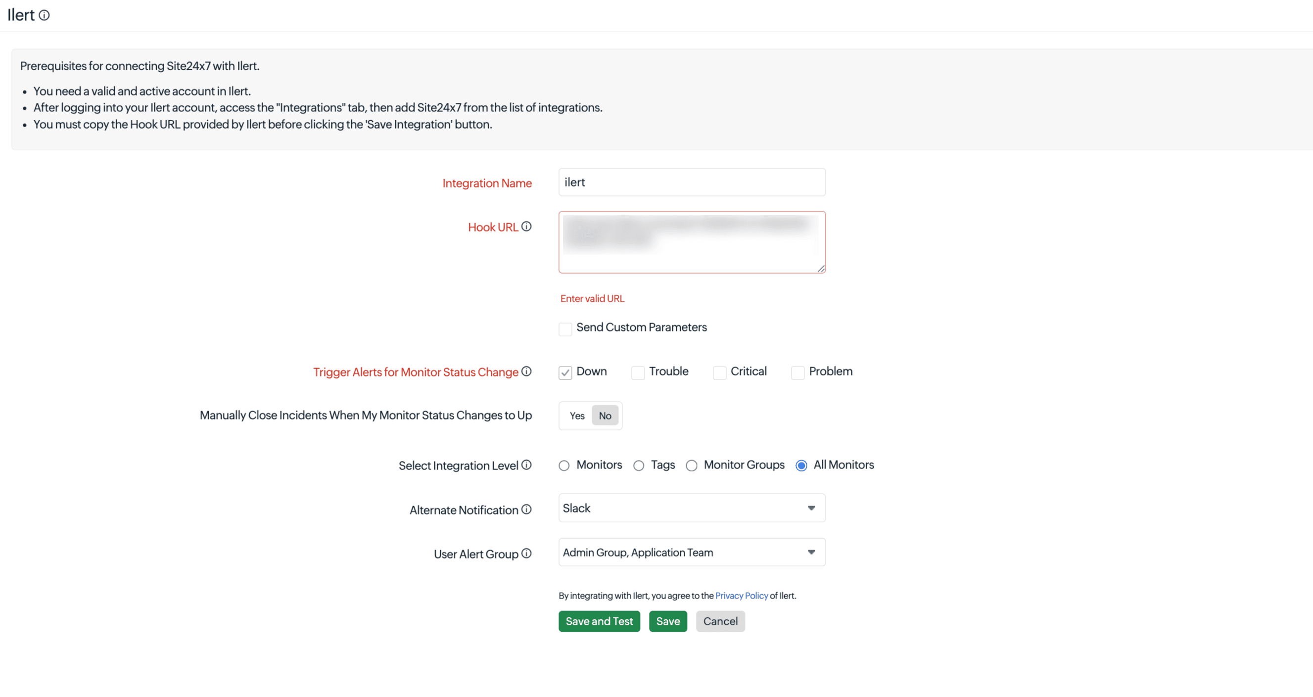 Site24x7 ilert integration configuration screen with Hook URL and alert trigger settings